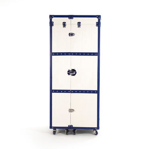 Zentique Sinclair Foldable Wine Cabinet — Compact Solid Ash Storage with Stainless Accents, Cream & Blue PU Finish AHP0375