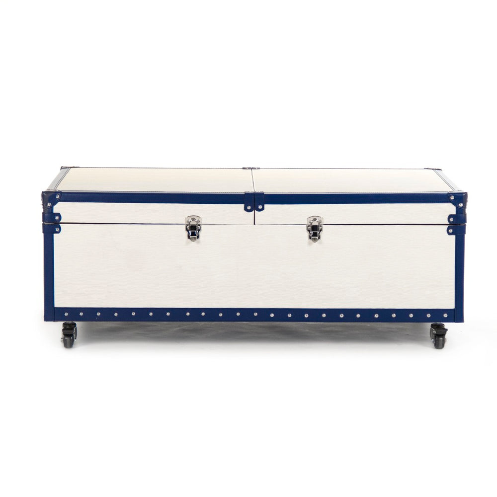 Zentique Seignour Sliding Cocktail Table: Elegant Solid Wood Design With Chrome Accents For Modern Entertaining White,Blue Pu,Chrome Hardware Stainless Steel,Solid Chinese Ash Wood,Cream & Blue Pu Ahp0861