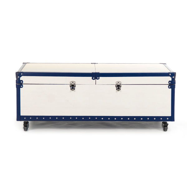 Zentique Seignour Sliding Cocktail Table: Elegant Solid Wood Design With Chrome Accents For Modern Entertaining White,Blue Pu,Chrome Hardware Stainless Steel,Solid Chinese Ash Wood,Cream & Blue Pu Ahp0861