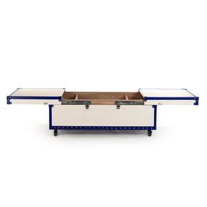 Zentique Seignour Sliding Cocktail Table: Elegant Solid Wood Design With Chrome Accents For Modern Entertaining White,Blue Pu,Chrome Hardware Stainless Steel,Solid Chinese Ash Wood,Cream & Blue Pu Ahp0861