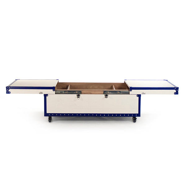 Zentique Seignour Sliding Cocktail Table: Elegant Solid Wood Design With Chrome Accents For Modern Entertaining White,Blue Pu,Chrome Hardware Stainless Steel,Solid Chinese Ash Wood,Cream & Blue Pu Ahp0861