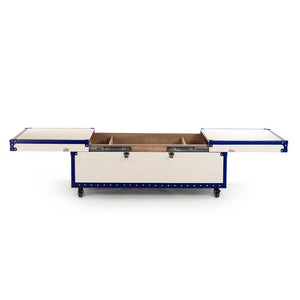 Zentique Seignour Modern Sliding Cocktail Table with Solid Ash, Stainless Steel Frame & Cream-Blue PU Upholstery AHP0861