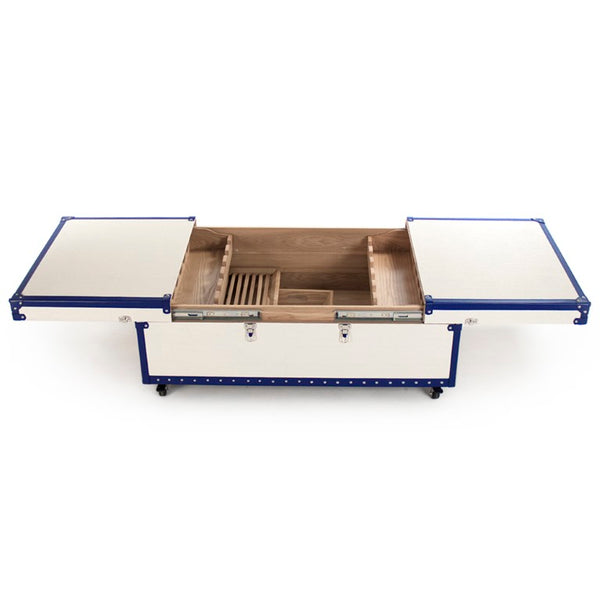 Zentique Seignour Modern Sliding Cocktail Table with Solid Ash, Stainless Steel Frame & Cream-Blue PU Upholstery AHP0861
