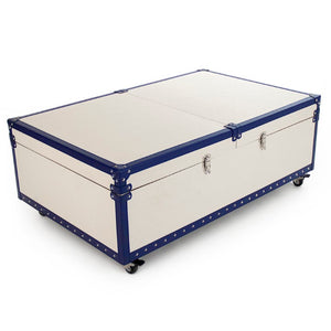 Zentique Seignour Modern Sliding Cocktail Table with Solid Ash, Stainless Steel Frame & Cream-Blue PU Upholstery AHP0861