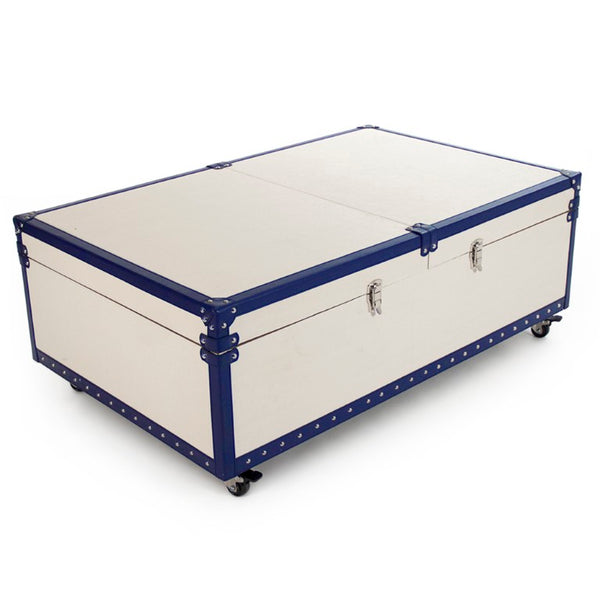 Zentique Seignour Modern Sliding Cocktail Table with Solid Ash, Stainless Steel Frame & Cream-Blue PU Upholstery AHP0861