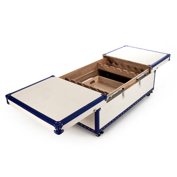 Zentique Seignour Modern Sliding Cocktail Table with Solid Ash, Stainless Steel Frame & Cream-Blue PU Upholstery AHP0861