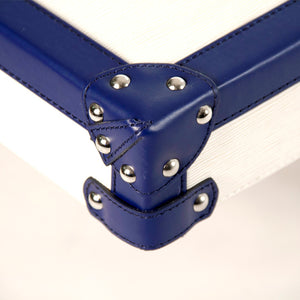 Zentique Seignour Sliding Cocktail Table: Elegant Solid Wood Design With Chrome Accents For Modern Entertaining White,Blue Pu,Chrome Hardware Stainless Steel,Solid Chinese Ash Wood,Cream & Blue Pu Ahp0861