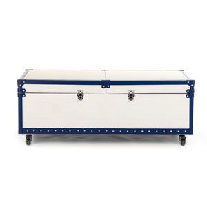 Zentique Seignour Modern Sliding Cocktail Table with Solid Ash, Stainless Steel Frame & Cream-Blue PU Upholstery AHP0861