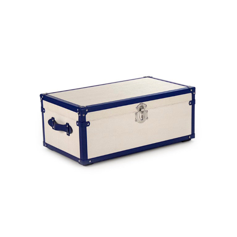 Zentique Madalene Trunk Modern Storage Bench — Cream & Blue PU Upholstery, Ash Wood Frame, Stainless Accents AHP0866-M
