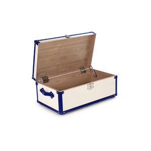 Zentique Madalene Trunk Modern Storage Bench — Cream & Blue PU Upholstery, Ash Wood Frame, Stainless Accents AHP0866-M