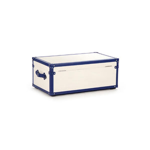 Zentique Madalene Trunk Modern Storage Bench — Cream & Blue PU Upholstery, Ash Wood Frame, Stainless Accents AHP0866-M