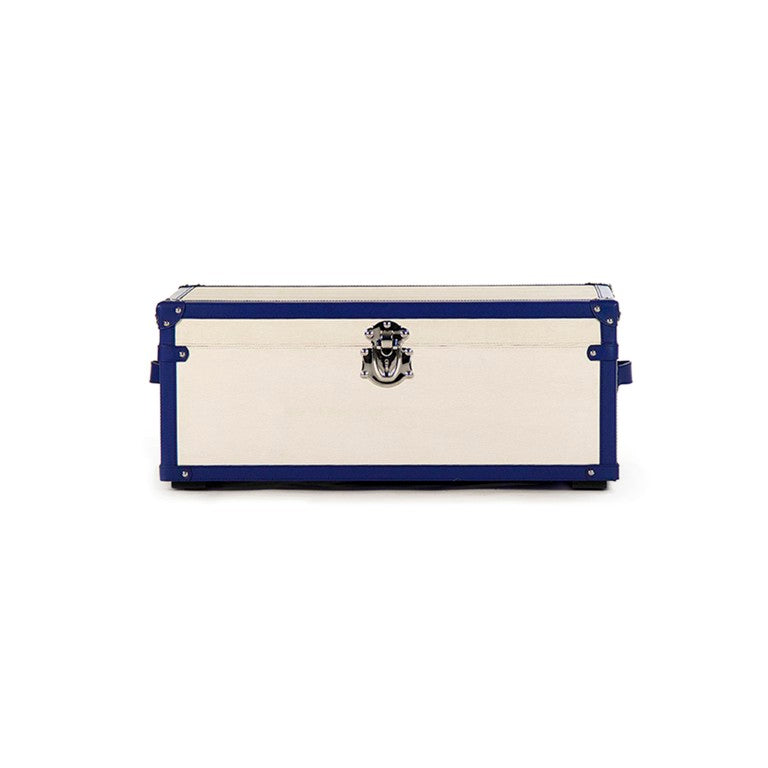 Zentique Madalene Trunk Modern Storage Bench — Cream & Blue PU Upholstery, Ash Wood Frame, Stainless Accents AHP0866-M
