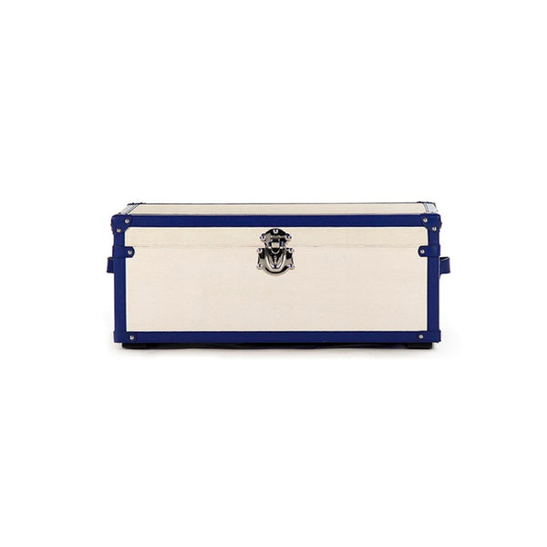 Zentique Madalene Trunk Modern Storage Bench — Cream & Blue PU Upholstery, Ash Wood Frame, Stainless Accents AHP0866-M