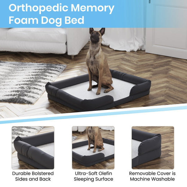 English Elm Cooper Orthopedic Memory Foam Dog Bed with Bolster Support, Non-Slip Base, and Washable Cover AJ-ORTHO-00190-GY-GG