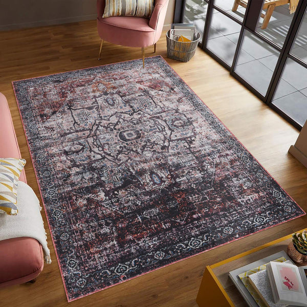 Alaska Washable Vintage Floral Medallion Low Pile Polyester Rug for Living Rooms
