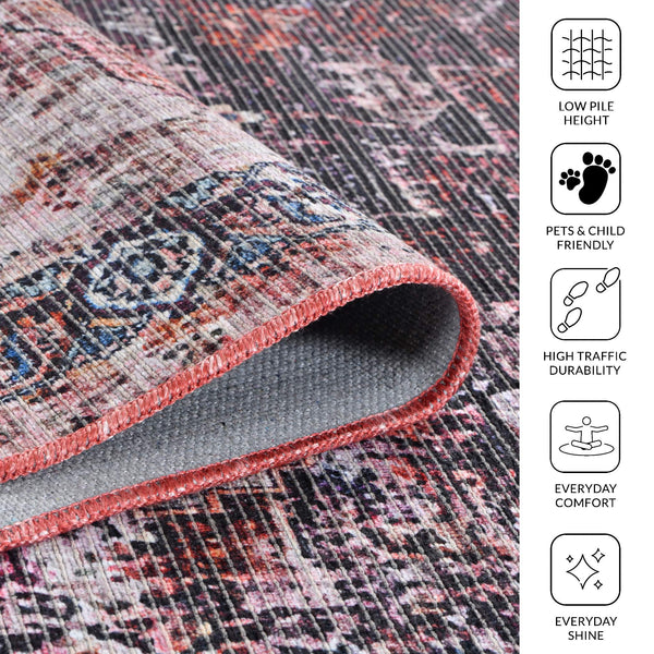 Alaska Washable Vintage Floral Medallion Low Pile Polyester Rug for Living Rooms