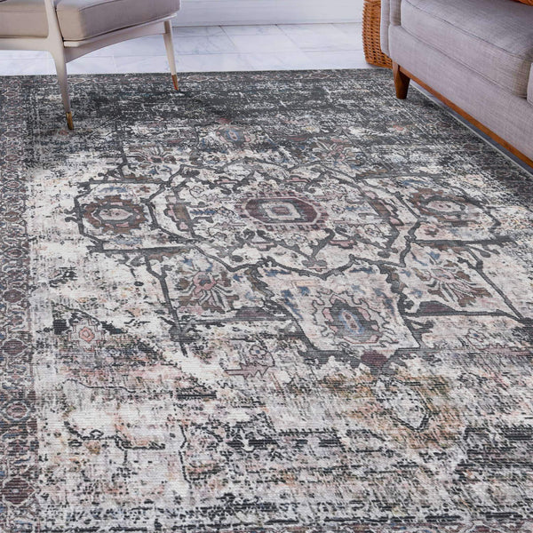 Alaska Washable Polyester Rug - Vintage Floral Medallion Low Pile Area Carpet | Easy Clean Non-Slip Living Room Rug