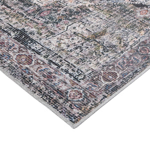 Alaska Washable Polyester Rug - Vintage Floral Medallion Low Pile Area Carpet | Easy Clean Non-Slip Living Room Rug