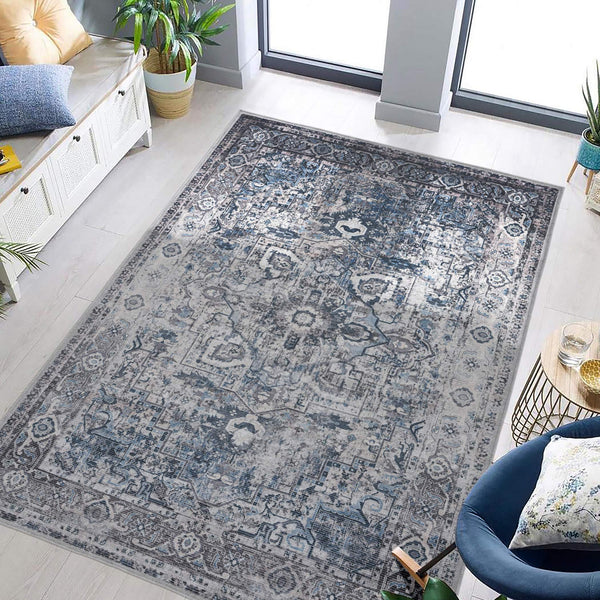 Alaska Vintage Medallion Washable Area Rug Soft Polyester Blend for Living Rooms