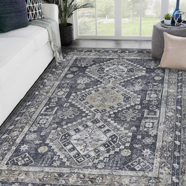 Amer Rugs Alaska Vintage Medallion Machine-washable Area Rug – Soft, Durable, And Perfect For Busy Homes Gray,Mustard Polyester, Cotton Ala992119