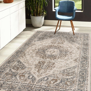 AMER Rugs Alpine Hashlei ALP-11 Power-Loomed Machine Made Polypropylene Persian Medallion Rug Light Beige 7'10" x 10'2"