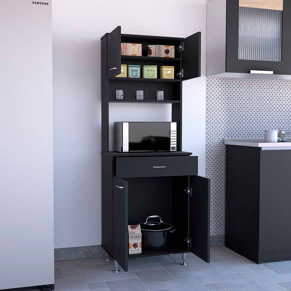 English Elm Della 60-Inch Black Kitchen Pantry With Open Shelves, Closed Cabinets & Countertop For Storage Solutions B07091840