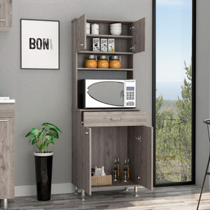 English Elm Pantry 67" Gray Pantry Cabinet with Microwave Top, 4 Doors, Drawer, Shelves, Durable MDP Design B097133016