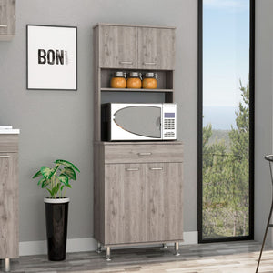 English Elm Pantry 67" Gray Pantry Cabinet with Microwave Top, 4 Doors, Drawer, Shelves, Durable MDP Design B097133016