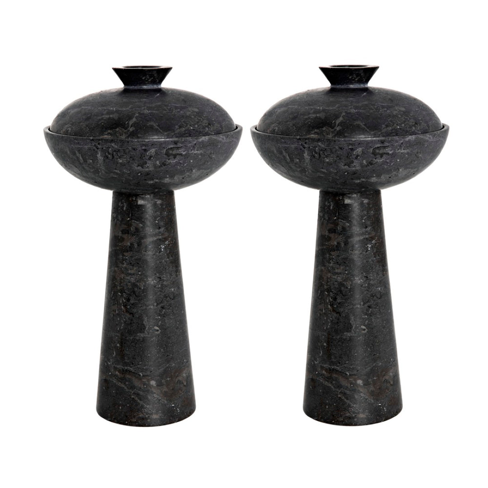 Noir Guy, Artisan-Carved Marble Vessels Set of 2 - Modern Japanese Inspired Decor for Stylish Interiors AM-273BM2