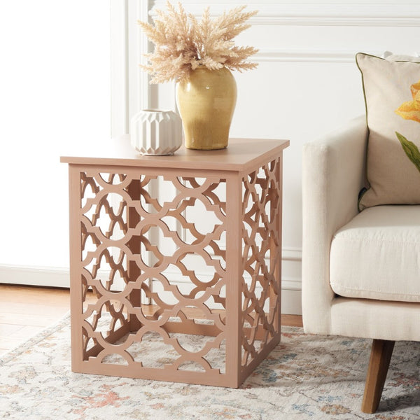Safavieh Lonny End Table - Moroccan-Inspired Architectural Design With Quatrefoil Pattern For Elegant Spaces Taupe AMH1507B