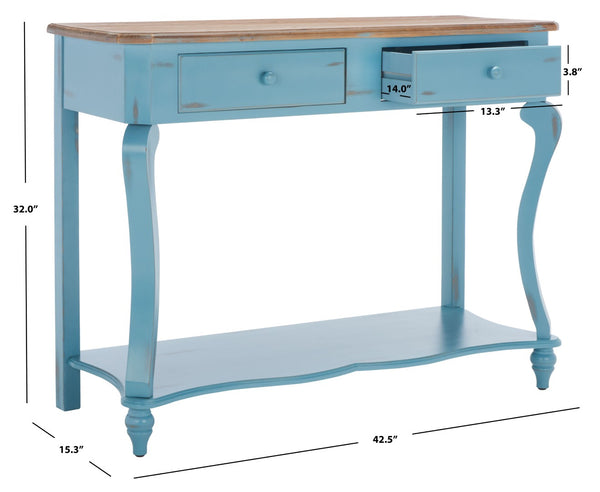 Safavieh Katie Console Table With Elegant Curved Design, Blue Finish & 2 Storage Drawers For Entryway Charm AMH4026B