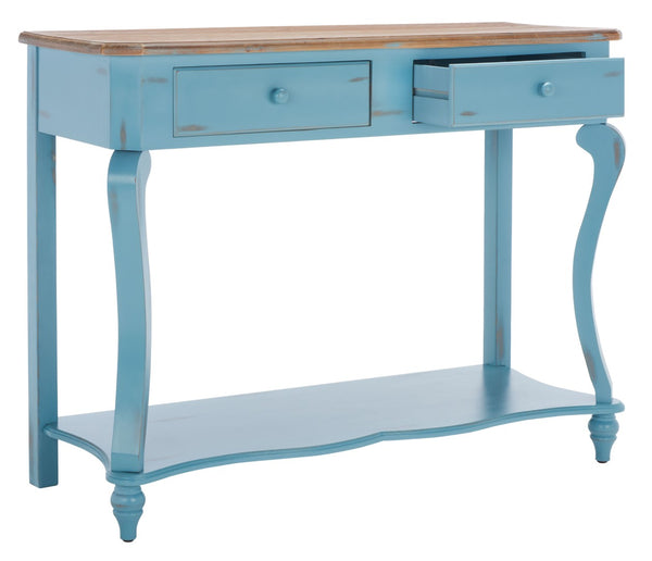 Safavieh Katie Console Table With Elegant Curved Design, Blue Finish & 2 Storage Drawers For Entryway Charm AMH4026B