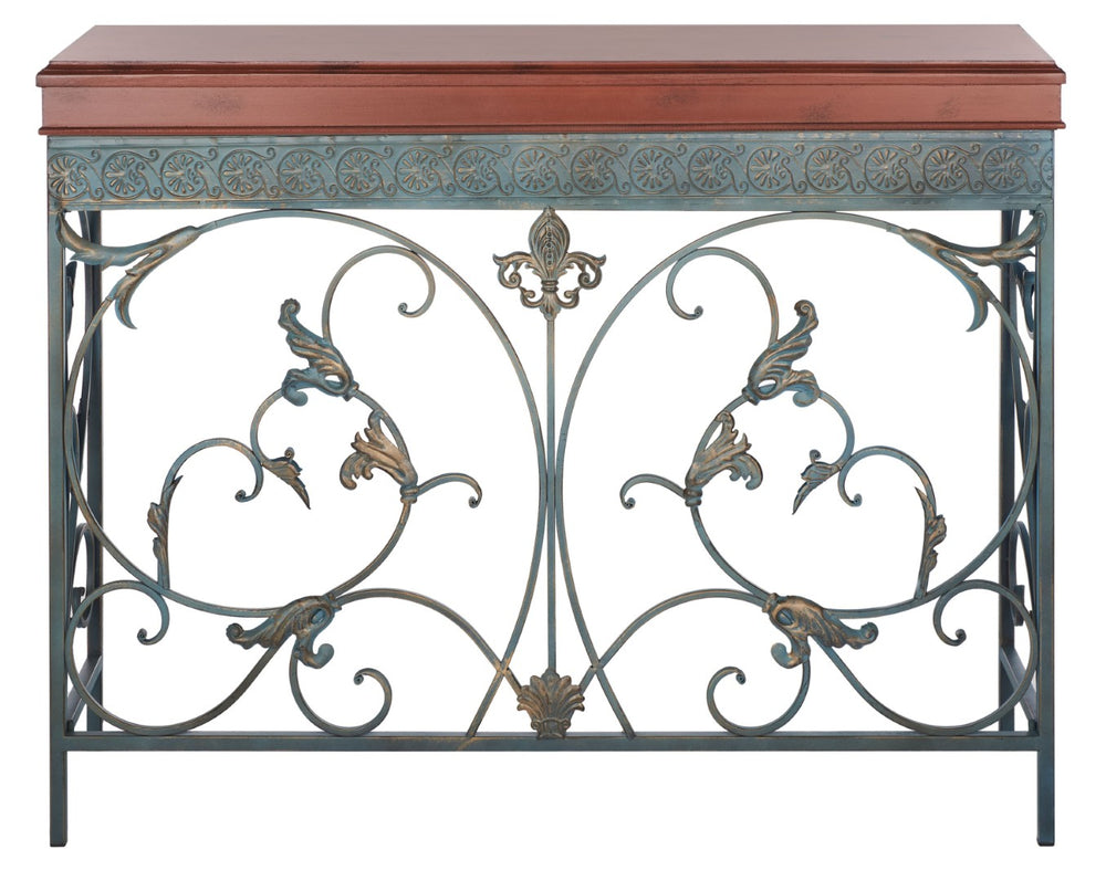 Safavieh Cynthia Console Table - Antique Charm With Floral Carvings, Distressed Finish & Dark Birch Top Elegance AMH4055A