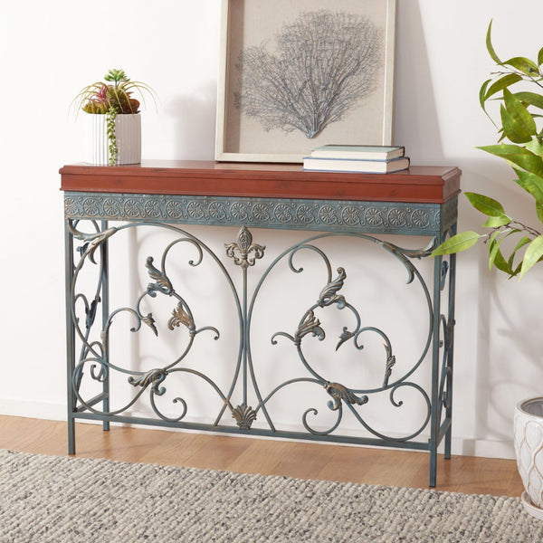 Safavieh Cynthia Console Table - Antique Charm With Floral Carvings, Distressed Finish & Dark Birch Top Elegance AMH4055A