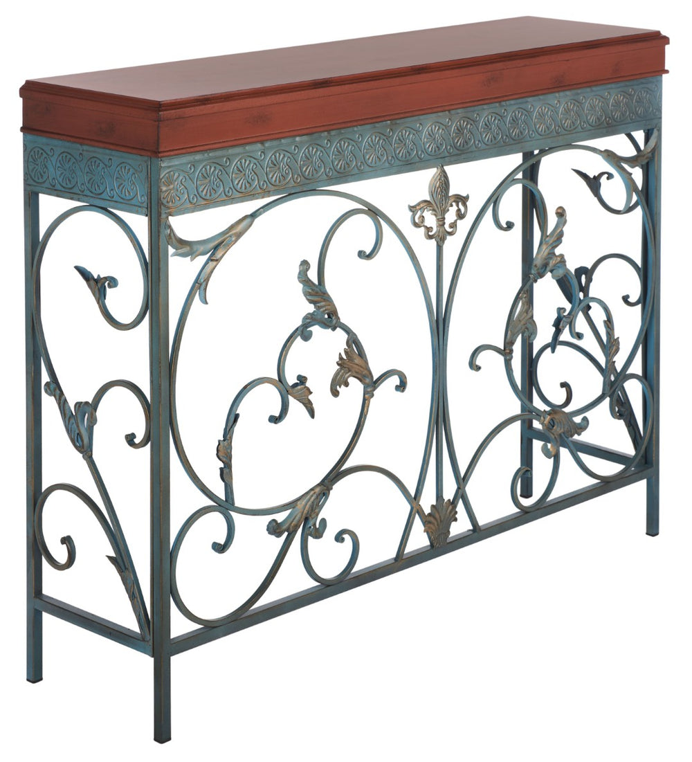 Safavieh Cynthia Console Table - Antique Charm With Floral Carvings, Distressed Finish & Dark Birch Top Elegance AMH4055A