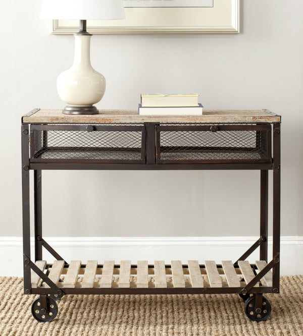 Safavieh Shroder Rolling Storage Console - Industrial Style With Reclaimed Wood & Metal, Versatile Home Use AMH4134A