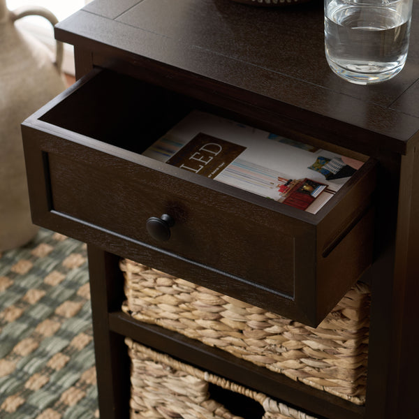 Carrie Compact Side Table With Two Woven Baskets & Drawer, Rich Stain Finish For Timeless Storage