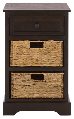 Carrie Compact Side Table With Two Woven Baskets & Drawer, Rich Stain Finish For Timeless Storage
