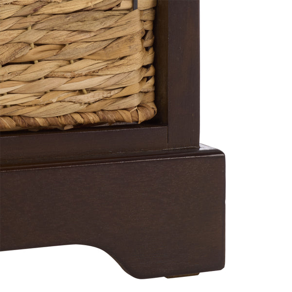 Carrie Compact Side Table With Two Woven Baskets & Drawer, Rich Stain Finish For Timeless Storage