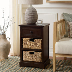 Carrie Compact Side Table With Two Woven Baskets & Drawer, Rich Stain Finish For Timeless Storage