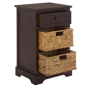 Carrie Compact Side Table With Two Woven Baskets & Drawer, Rich Stain Finish For Timeless Storage