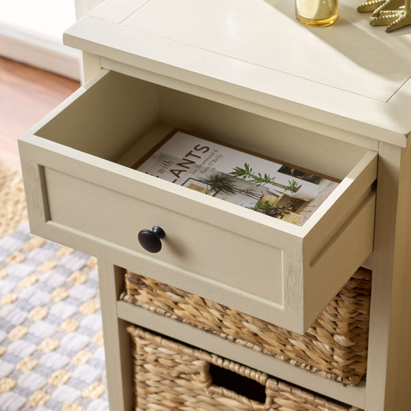 Carrie Compact Side Table With Two Woven Baskets & Drawer, Rich Stain Finish For Timeless Storage