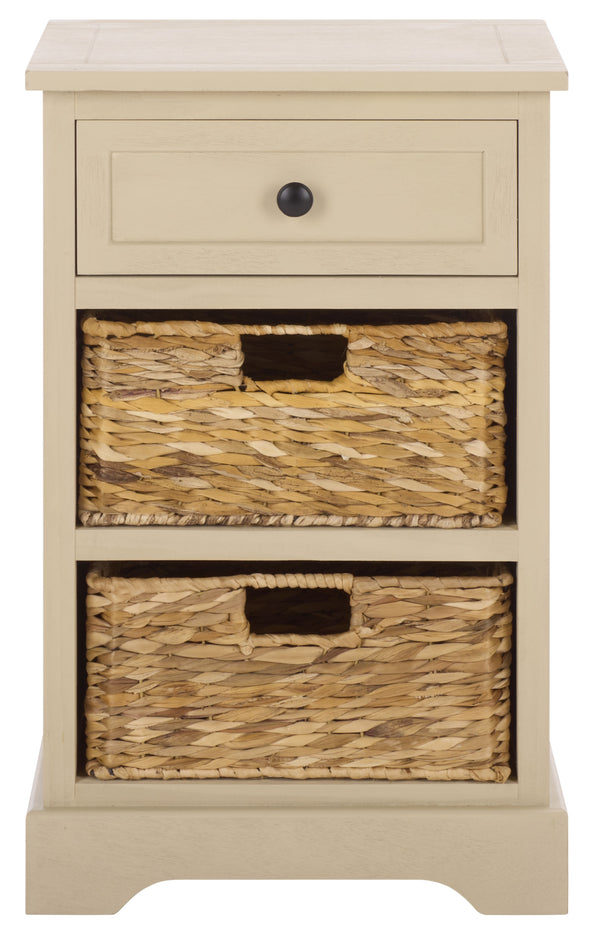 Carrie Compact Side Table With Two Woven Baskets & Drawer, Rich Stain Finish For Timeless Storage
