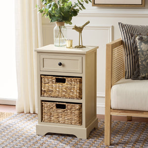 Carrie Compact Side Table With Two Woven Baskets & Drawer, Rich Stain Finish For Timeless Storage