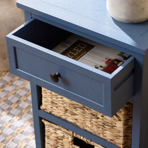 Carrie Compact Side Table With Two Woven Baskets & Drawer, Rich Stain Finish For Timeless Storage