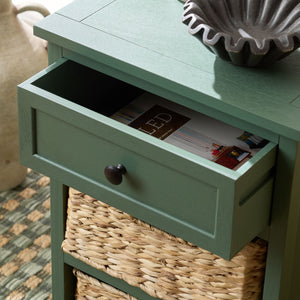 Carrie Compact Side Table With Two Woven Baskets & Drawer, Rich Stain Finish For Timeless Storage