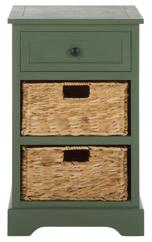 Carrie Compact Side Table With Two Woven Baskets & Drawer, Rich Stain Finish For Timeless Storage