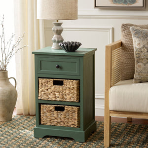 Carrie Compact Side Table With Two Woven Baskets & Drawer, Rich Stain Finish For Timeless Storage