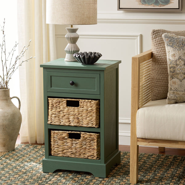 Carrie Compact Side Table With Two Woven Baskets & Drawer, Rich Stain Finish For Timeless Storage