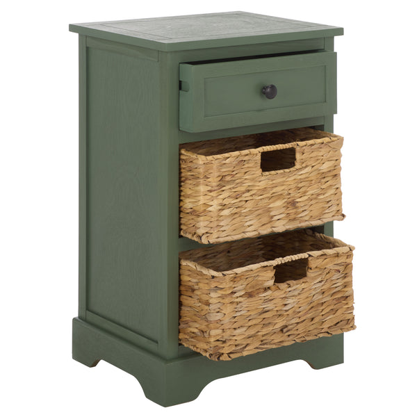 Carrie Compact Side Table With Two Woven Baskets & Drawer, Rich Stain Finish For Timeless Storage
